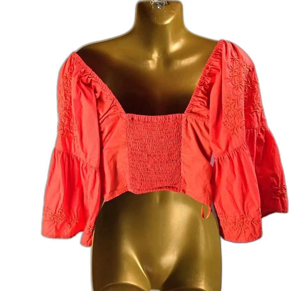 Free People Women's Coral Bell Sleeves Tie In Front Crop Top‎ XS